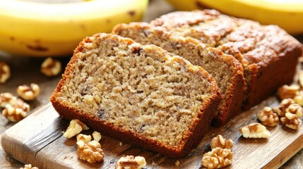 A mouthwatering slice of banana bread, moist and flavorful with ripe bananas, walnuts, and a hint of cinnamon, served on a rustic wooden board.