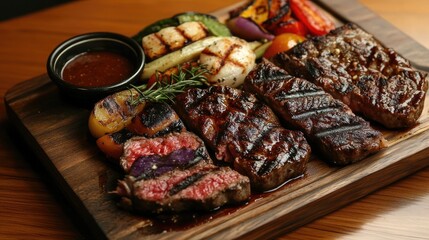 A mouthwatering steak platter served on a rustic wooden board, with juicy slices of steak, grilled vegetables, and a side of tangy steak sauce.