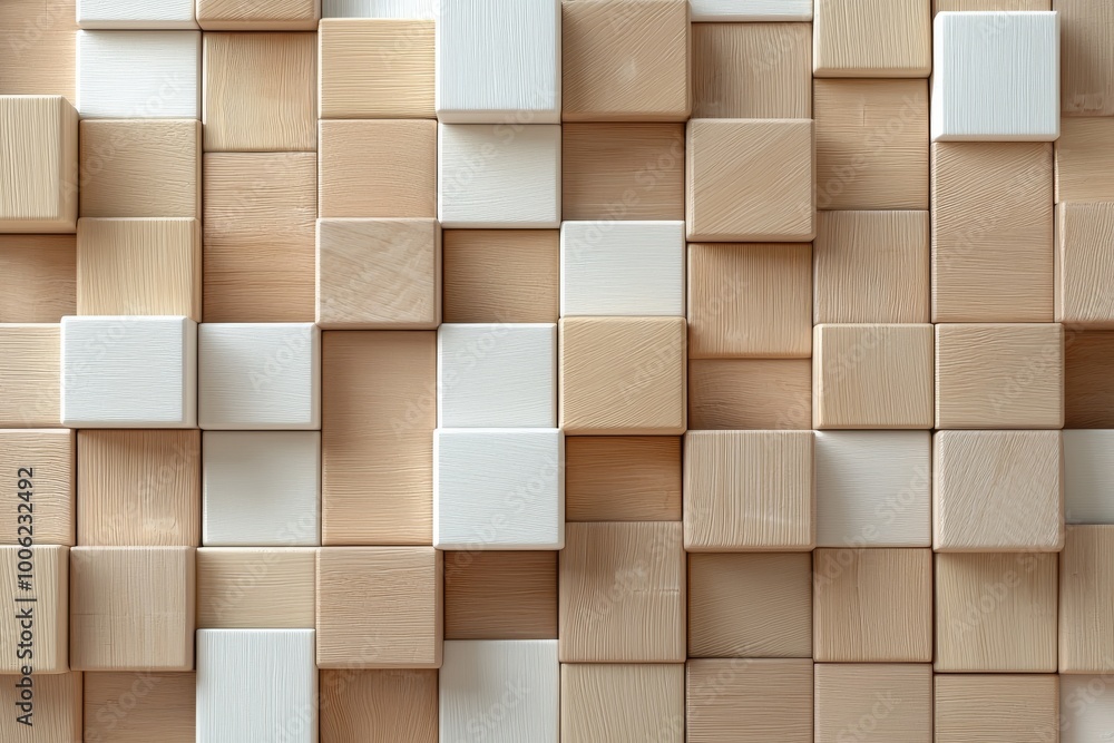 Poster in this 3d rendering of wood cubes, the cubes are arranged in a square pattern. background is a soft