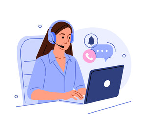 Woman hotline operator wearing headphones and microphone typing on laptop. Call center, customer service, assistance concept. Vector illustration.