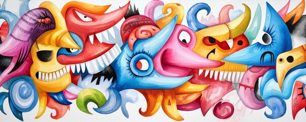 Obraz premium A repeating motif of expressive tribal masks and dancing figures, capturing the essence of ancient cultures and their spiritual symbols.