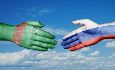 Russian Federation and Turkmenistan country handshaking with flags, consensus concept international co-operation illustration