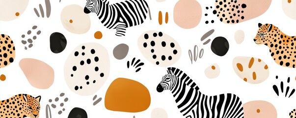 A repeating wildlife motif with safari animals and tribal symbols, combining bold zebra stripes and leopard spots in an earthy color palette.