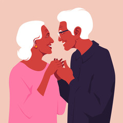 An elderly happy couple holding hands and looking at each other. Vector flat illustration