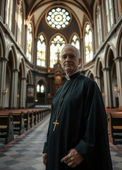 Naklejka premium Wide-angle portrait of a priest in a bright, airy, historical church.