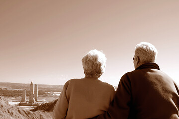 a retired couple exploring world landmarks, captured with a warm sepia tone to celebrate enduring adventure