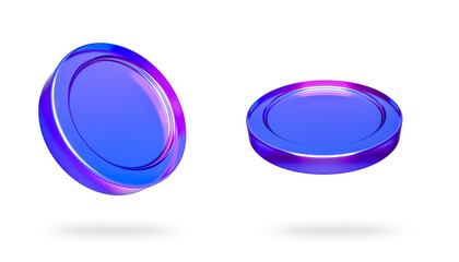 set of holographic or neon coins with different angles. Symbol of gold and wealth, isolated on white background, 3d render