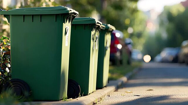 Green Recycling Bins Lined Up Along a Sunny Residential Street