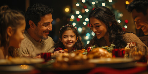Latino family having Christmas dinner