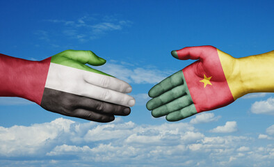 Cameroon and United Arab Emirates country handshaking with flags, consensus concept international co-operation illustration