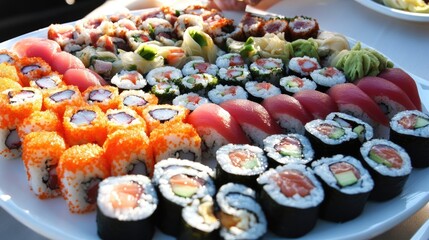 A platter of fresh and flavorful sushi rolls, including California rolls, spicy tuna rolls, and crunchy tempura rolls, served with soy sauce and wasabi.
