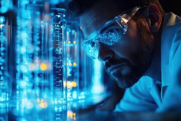 A focused scientist analyzing experiments in a laboratory with glowing beakers, showcasing advanced technology and precision.