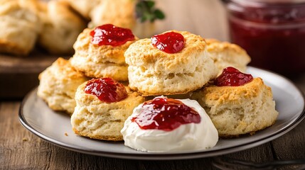 A platter of freshly baked scones, golden and crumbly with a hint of sweetness, served with clotted cream and strawberry jam.