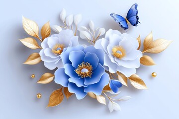 The image is a 3D wallpaper with blue flowers on yellow leaves and butterflies on a blue marble background.