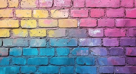 Fototapeta premium A vibrant brick wall featuring cracked, paint in bold pink, purple, blue, green, and yellow hues. The distressed texture adds an artistic, worn look, evoking a retro and nostalgic feel.