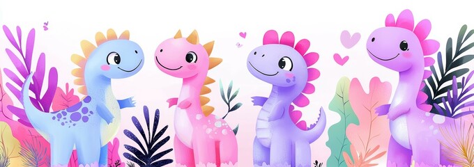 Cute dinosaurs adorned with bright, geometric designs standing amid vibrant and playful foliage.