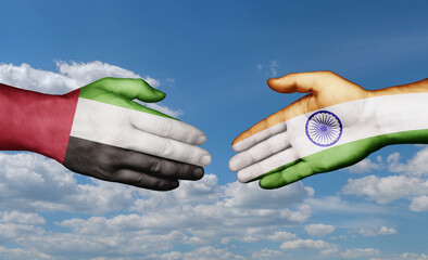 India and United Arab Emirates country handshaking with flags, consensus concept international co-operation illustration