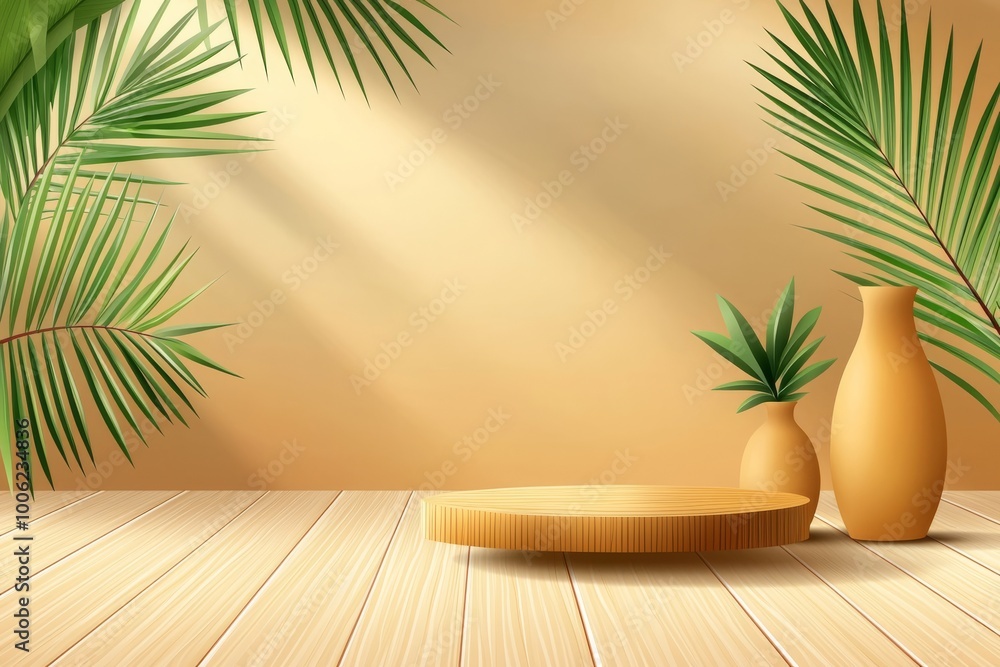 Poster abstract minimal light beige background for a product presentation with light and intricate shadows 