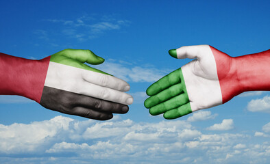 Italy and United Arab Emirates country handshaking with flags, consensus concept international co-operation illustration