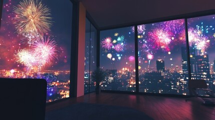 Colorful fireworks lighting up a room near a large clear window, welcoming New Year's Day 2025 with festive cheer.