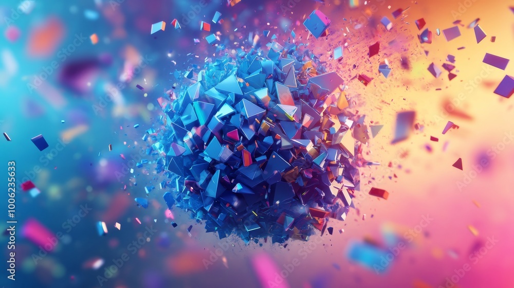Fototapete abstract sphere exploding with colorful particles on gradient background