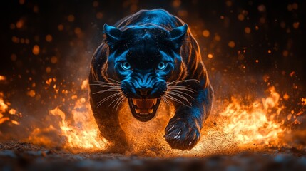 Beautiful big black panther with fire on black background. Wildlife scene. Angry big cat in fiery ambience.
