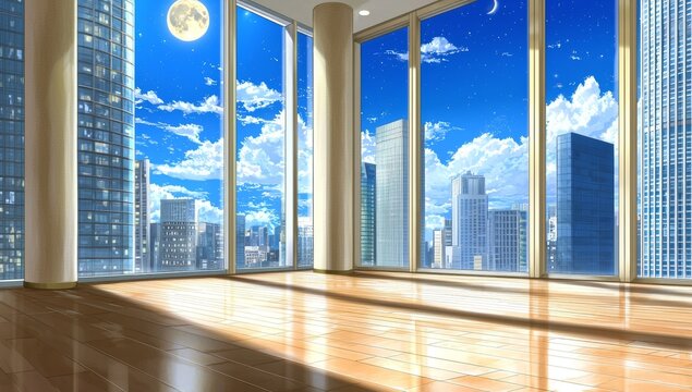 Fototapeta The city skyline seen through a window at night - Stock Photo