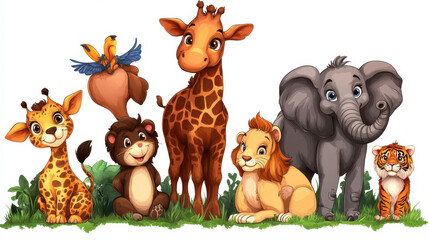 Obraz premium Cute and colorful cartoon animals including giraffe, elephant, lion, tiger, and more, perfect for childrens illustrations and educational materials