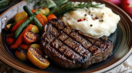 A beautifully arranged steak dinner on a stylish plate, with juicy grilled steak, roasted vegetables, and mashed potatoes, a feast for the eyes and palate.