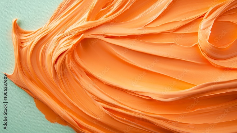 Poster thick streaks of orange paint spread across a smooth green background, featuring dynamic brush strok
