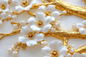 Stunning 3d wallpaper featuring a flower tree with golden stems and white flowers.