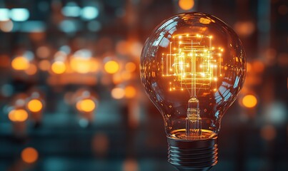 A light bulb glowing with an orange glow and various shapes of the electric circuit inside it