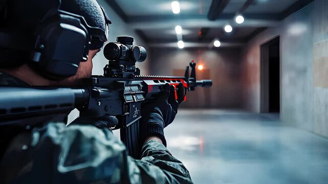 Armed Soldier Aiming Rifle in Tactical Training Facility