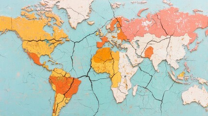 Obraz premium An artistic representation of a world map with visible cracks surrounding various countries on a textured surface.