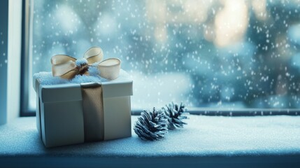 Gift box with a ribbon next to a clear window, with snow gently falling, creating a tranquil holiday atmosphere.