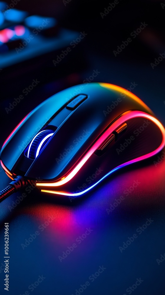 Poster modern computer mouse glowing with rgb lights on dark background