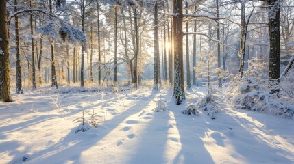 Obraz premium Pristine snow-covered woodland with frosted pine tree soft light casting long shadows serene winter wonderland