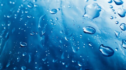 A close-up view of water droplets on a blue surface, showcasing the beauty and detail of liquid in motion.