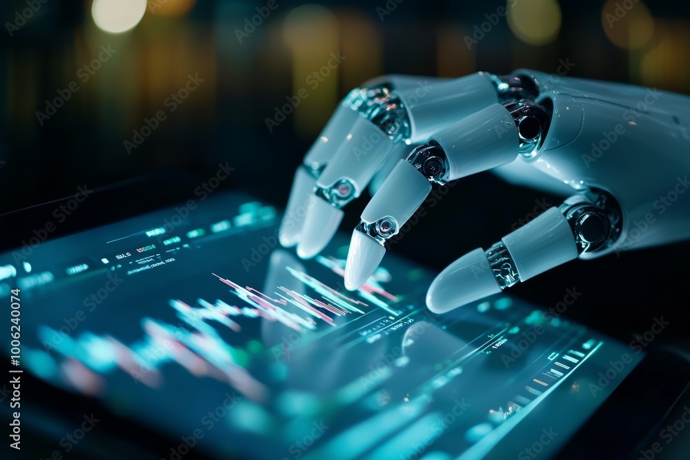 Poster a close-up of a robot s hand scrolling through investment reports on a tablet, surrounded by charts 