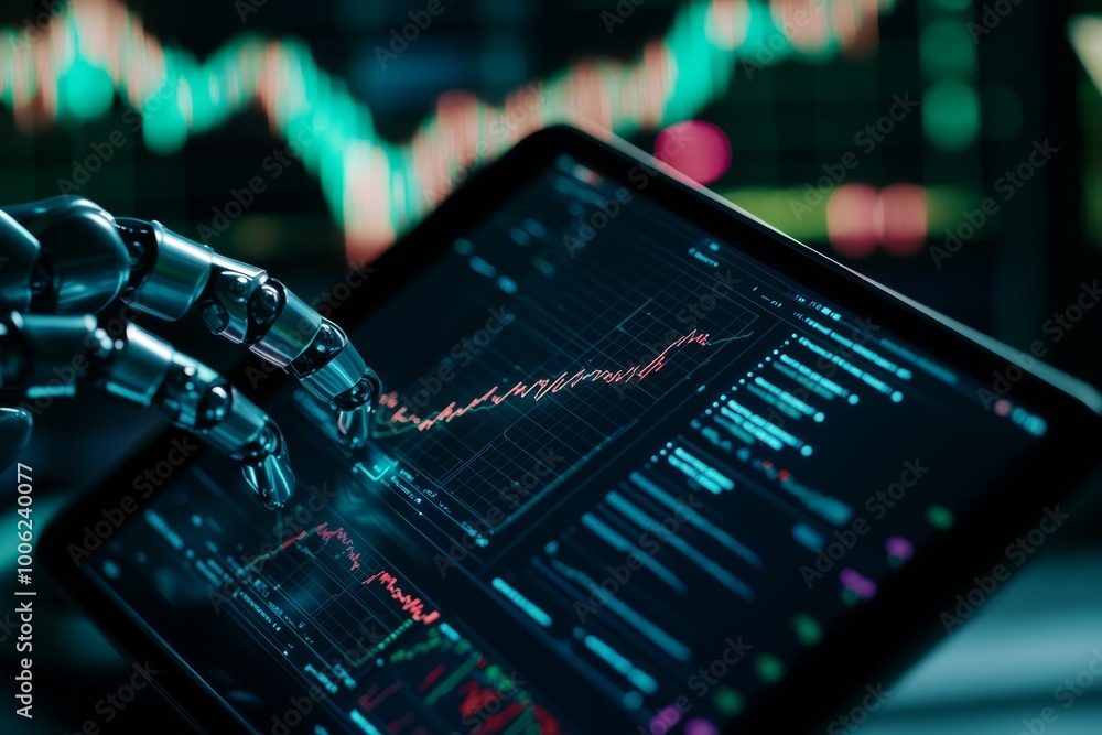 Poster a close-up of a robot s hand scrolling through investment reports on a tablet, surrounded by charts 