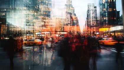 Blurred city street scene at sunset