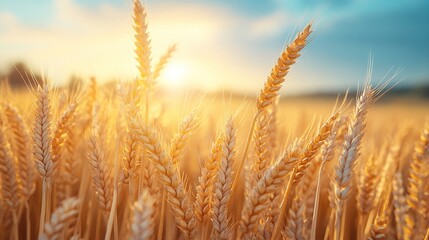 Fototapeta premium A detailed close-up panoramic view of golden wheat fields gently swaying in the breeze under a clear azure sky during a vibrant sunset. Warm sunlight casts a golden glow over the landscape.