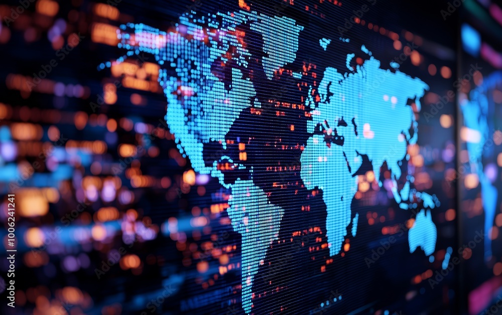 Aufkleber a digital world map displayed across multiple screens in a news control room, with producers monitor