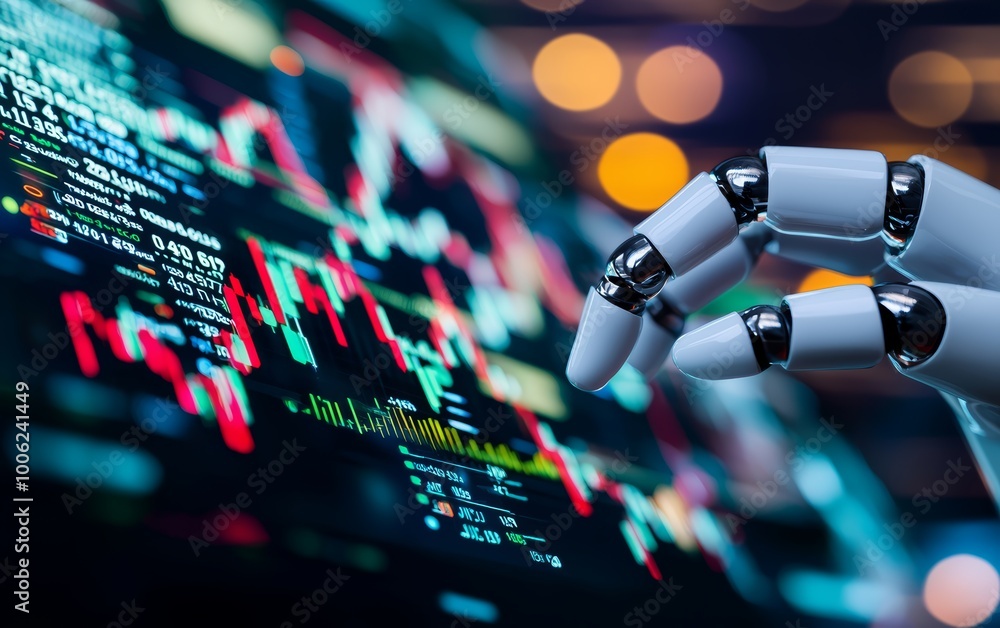 Poster a futuristic investment robot using a touch-screen table filled with market data, graphs, and financ