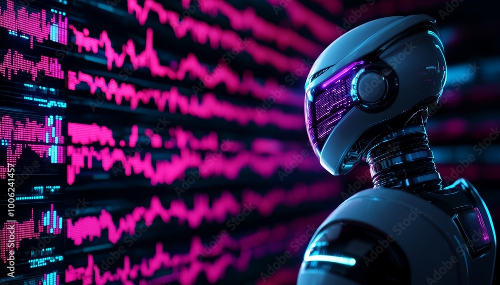 Poster a futuristic investment robot predicting stock trends with ai-generated insights displayed on floati