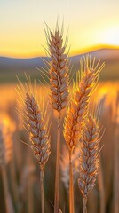 A detailed close-up panoramic view of golden wheat fields gently swaying in the breeze under a clear azure sky during a vibrant sunset. Warm sunlight casts a golden glow over the landscape.