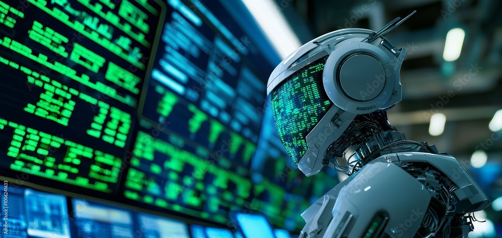 Poster a futuristic trading floor with robots analyzing fluctuating stock charts on holographic displays