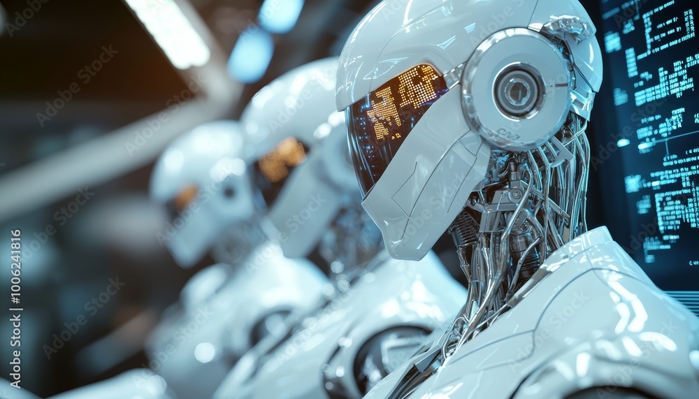 Poster a group of advanced ai robots in a financial control room, making investment decisions based on real