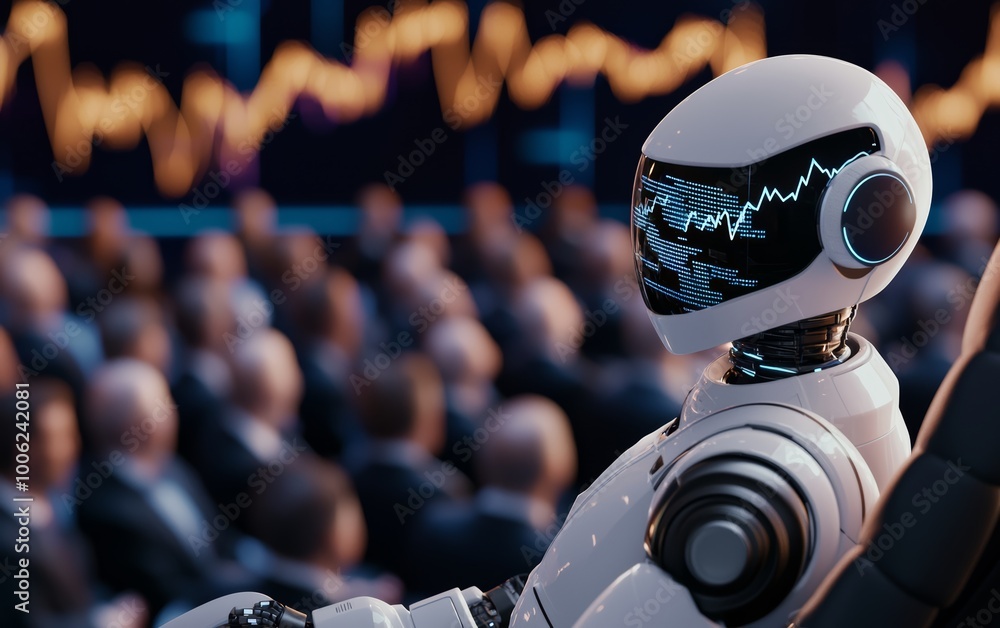 Aufkleber a high-tech robot advisor presenting investment strategies using a glowing market chart in front of 
