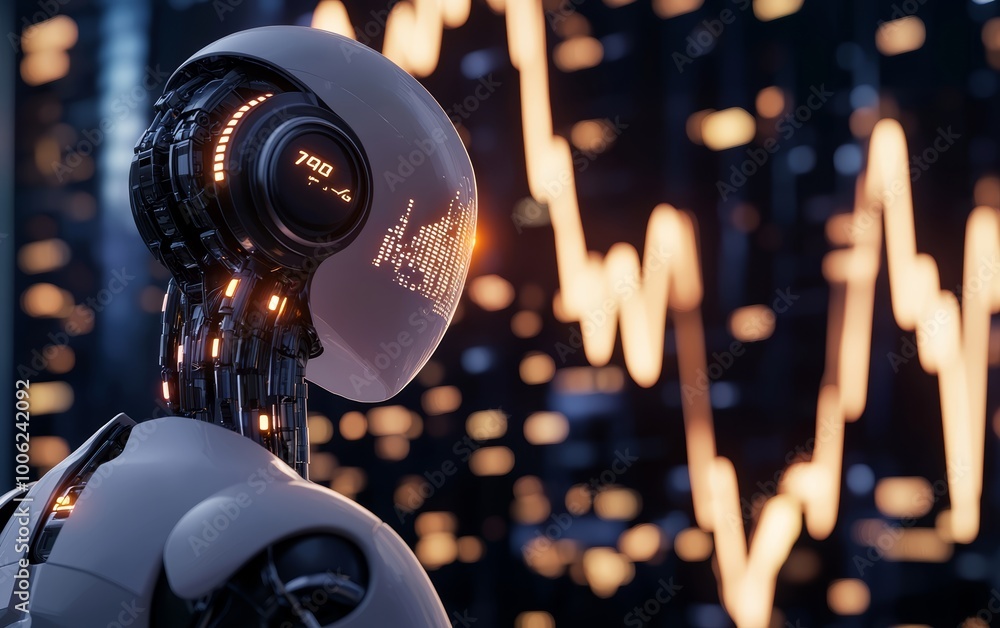 Aufkleber a high-tech robot advisor presenting investment strategies using a glowing market chart in front of 